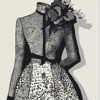 Manganoglyph style, Midjourney V6.1: haute-couture fashion outfit