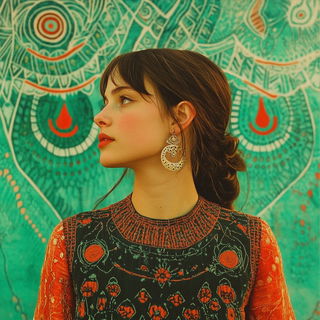 Aviarchroma style, Midjourney V6.1: photographic portrait of female protagonist