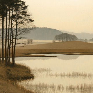 Pyroclast Inkwild style, Midjourney V6.1: realistic landscape photograph of quiet dawn