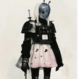 Inkskygraphia style, Midjourney V6.1: concept art character design of retropunk steam knight