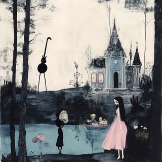 Inkskygraphia style, Midjourney V6.1: retro fairy-tale illustration