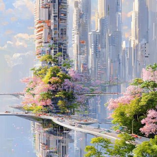 Inklimn style, Midjourney V6.1: megacity with futuristic bioarchitecture
