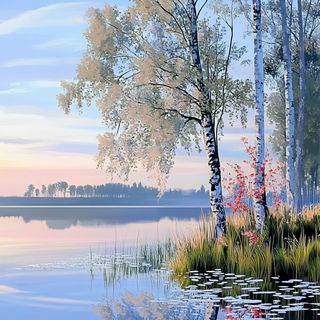 Inklimn style, Midjourney V6.1: realistic landscape photograph of quiet dawn
