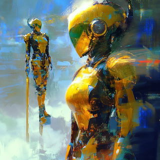 Chromacarnival style, Midjourney V6.1: concept art character design of retropunk steam knight