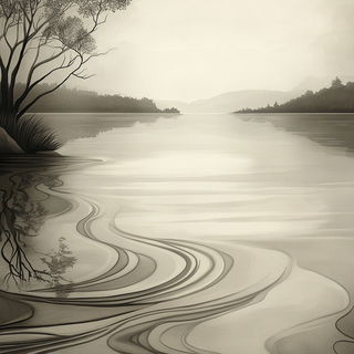 Fogcut style, Midjourney V6.1: realistic landscape photograph of quiet dawn