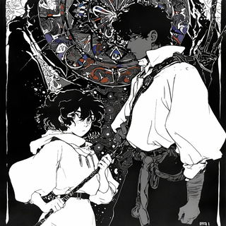 Hatchbound style, Midjourney V6.1: black-and-white manga comic strip