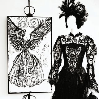 Scarlet Scarab Gardens style, Midjourney V6.1: haute-couture fashion outfit