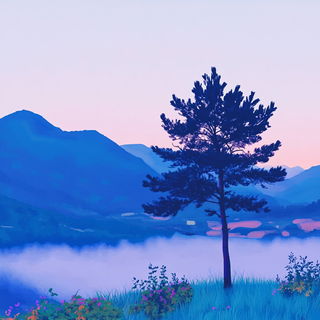 Ruincut style, Midjourney V6.1: realistic landscape photograph of quiet dawn