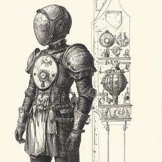 Backlit Karst Expressionism style, Midjourney V6.1: concept art character design of retropunk steam knight