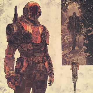 Terramaquette style, Midjourney V6.1: concept art character design of retropunk steam knight