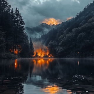 Skullflare style, Midjourney V6.1: realistic landscape photograph of quiet dawn