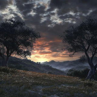 Ornacascade style, Midjourney V6.1: realistic landscape photograph of quiet dawn