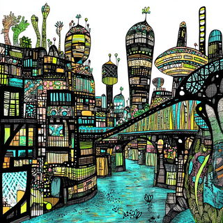 Fluorink style, Midjourney V6.1: megacity with futuristic bioarchitecture