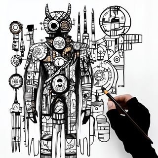 Fluorink style, Midjourney V6.1: concept art character design of retropunk steam knight