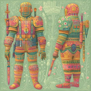 Millefleur Cutshape style, Midjourney V6.1: concept art character design of retropunk steam knight