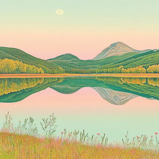 Millefleur Cutshape style, Midjourney V6.1: realistic landscape photograph of quiet dawn
