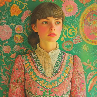 Millefleur Cutshape style, Midjourney V6.1: photographic portrait of female protagonist