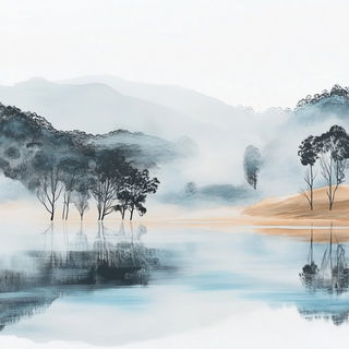 Mosaicophore style, Midjourney V6.1: realistic landscape photograph of quiet dawn