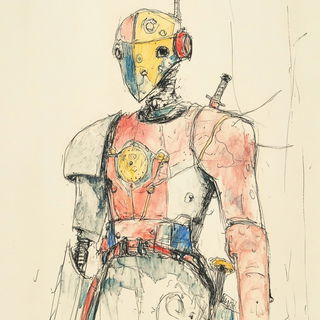 Terrametallurgy style, Midjourney V6.1: concept art character design of retropunk steam knight