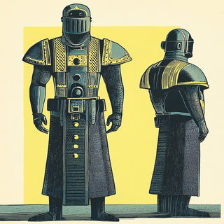 Mosaicglyphics style, Midjourney V6.1: concept art character design of retropunk steam knight