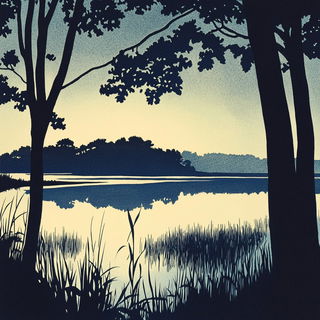 Mosaicglyphics style, Midjourney V6.1: realistic landscape photograph of quiet dawn