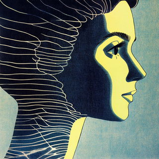 Mosaicglyphics style, Midjourney V6.1: photographic portrait of female protagonist