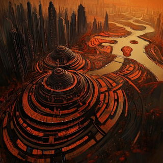 The Vermilion Scrapers style, Midjourney V6.1: megacity with futuristic bioarchitecture