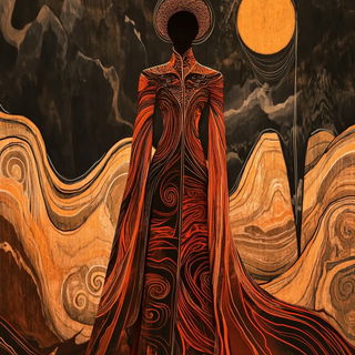 The Vermilion Scrapers style, Midjourney V6.1: haute-couture fashion outfit