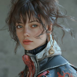 Petalopolis style, Midjourney V6.1: photographic portrait of female protagonist