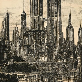 Rust Mandorla Bindery style, Midjourney V6.1: megacity with futuristic bioarchitecture