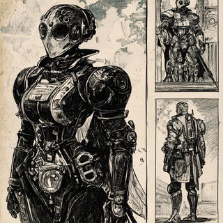Rust Mandorla Bindery style, Midjourney V6.1: concept art character design of retropunk steam knight