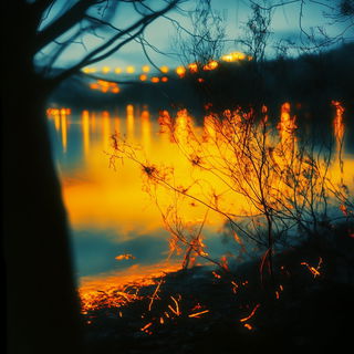 Inkgrid Constructivism style, Midjourney V6.1: realistic landscape photograph of quiet dawn