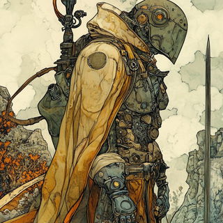 Kintsurveillance style, Midjourney V6.1: concept art character design of retropunk steam knight