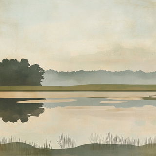 Brushwave Folklorics style, Midjourney V6.1: realistic landscape photograph of quiet dawn