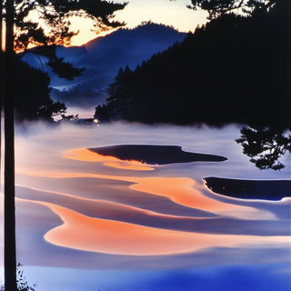 Chromacastellation style, Midjourney V6.1: realistic landscape photograph of quiet dawn