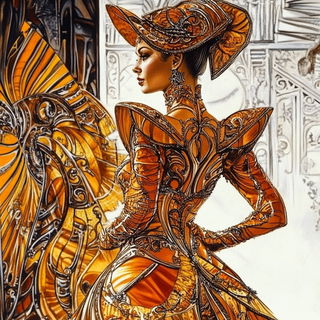 Carbon Copy Colossi style, Midjourney V6.1: haute-couture fashion outfit