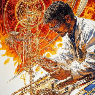 Carbon Copy Colossi style, Midjourney V6.1: editorial illustration for popular scientific magazine cover