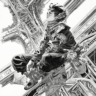 Carbon Copy Colossi style, Midjourney V6.1: black-and-white manga comic strip