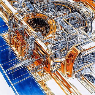 Carbon Copy Colossi style, Midjourney V6.1: technical infrastructure blueprint schematics