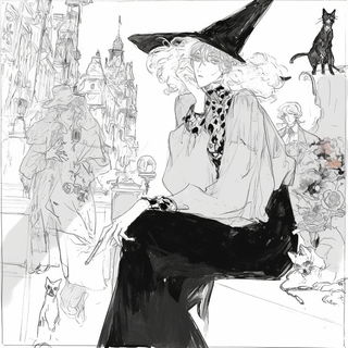 Floraimancy style, Midjourney V6.1: black-and-white manga comic strip