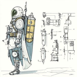 Mosskin Scenic Models style, Midjourney V6.1: concept art character design of retropunk steam knight