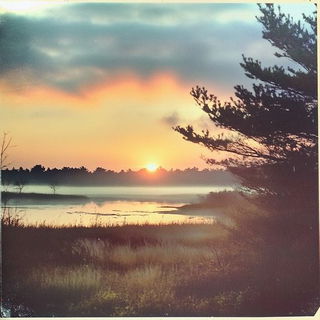 Island Overprint style, Midjourney V6.1: realistic landscape photograph of quiet dawn