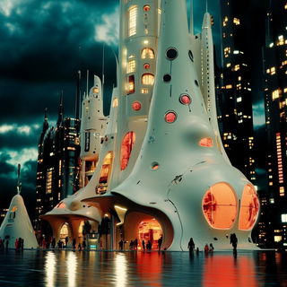 Sgraffito Sunweave style, Midjourney V6.1: megacity with futuristic bioarchitecture