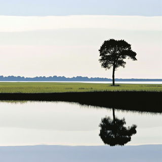 Brushtopography style, Midjourney V6.1: realistic landscape photograph of quiet dawn