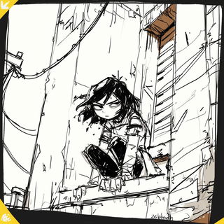 Orangesky Quay style, Midjourney V6.1: black-and-white manga comic strip