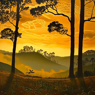 Linomyth style, Midjourney V6.1: realistic landscape photograph of quiet dawn