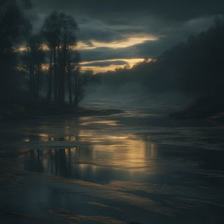 Orbiscript style, Midjourney V6.1: realistic landscape photograph of quiet dawn