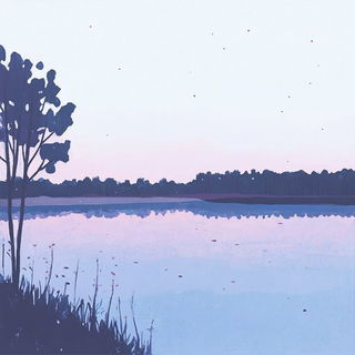Bandglyph style, Midjourney V6.1: realistic landscape photograph of quiet dawn