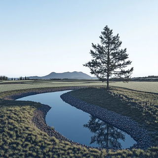 Hydrochrome style, Midjourney V6.1: realistic landscape photograph of quiet dawn