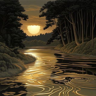 Inkvalley style, Midjourney V6.1: realistic landscape photograph of quiet dawn